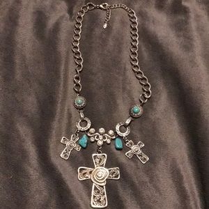 Silver cross necklace with turquoise stones